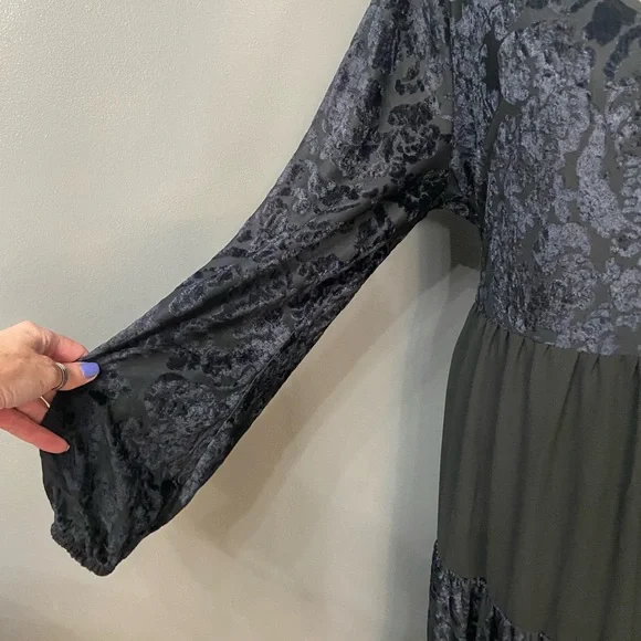 Velvet Burn Out Black/Blue Chiffon Tiered Midi Dress W/Slip Sheer Oversized L - Picture 5 of 17